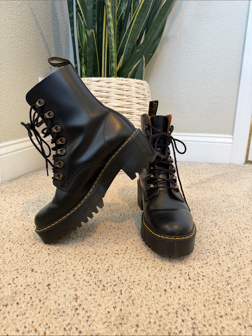 Dr. Martens Leona Black Lace-Up Platform Combat Boots - Women's